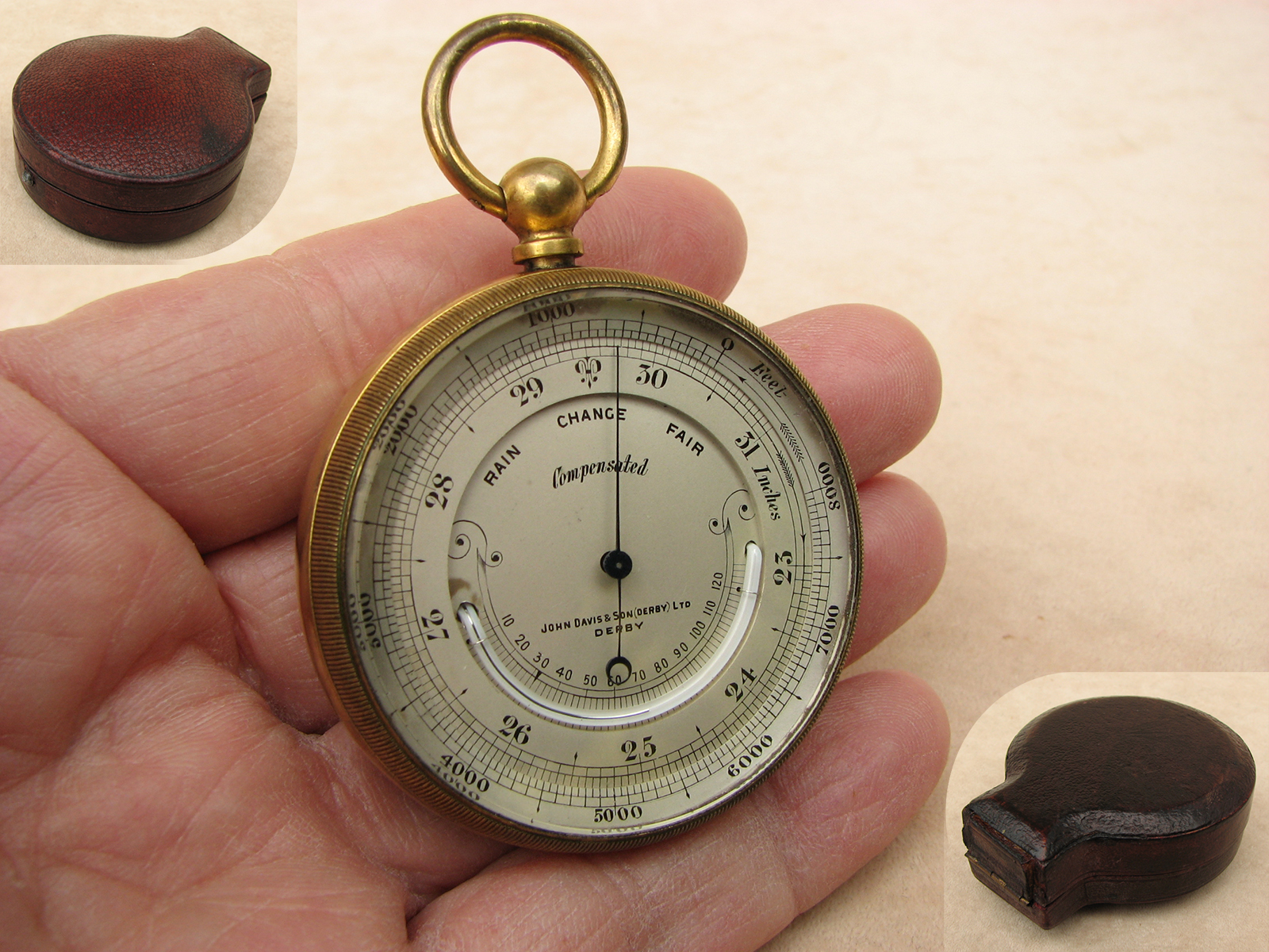 Antique pocket barometer with curved thermometer signed John Davis & Son (Derby)